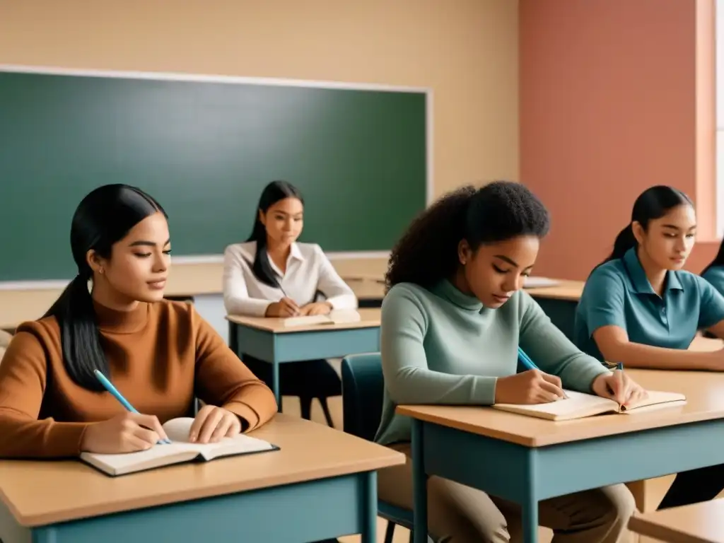 Ilustración minimalista de estudiantes diversos estudiando juntos en un aula, destacando la igualdad de género y colaboración en la educación uruguaya