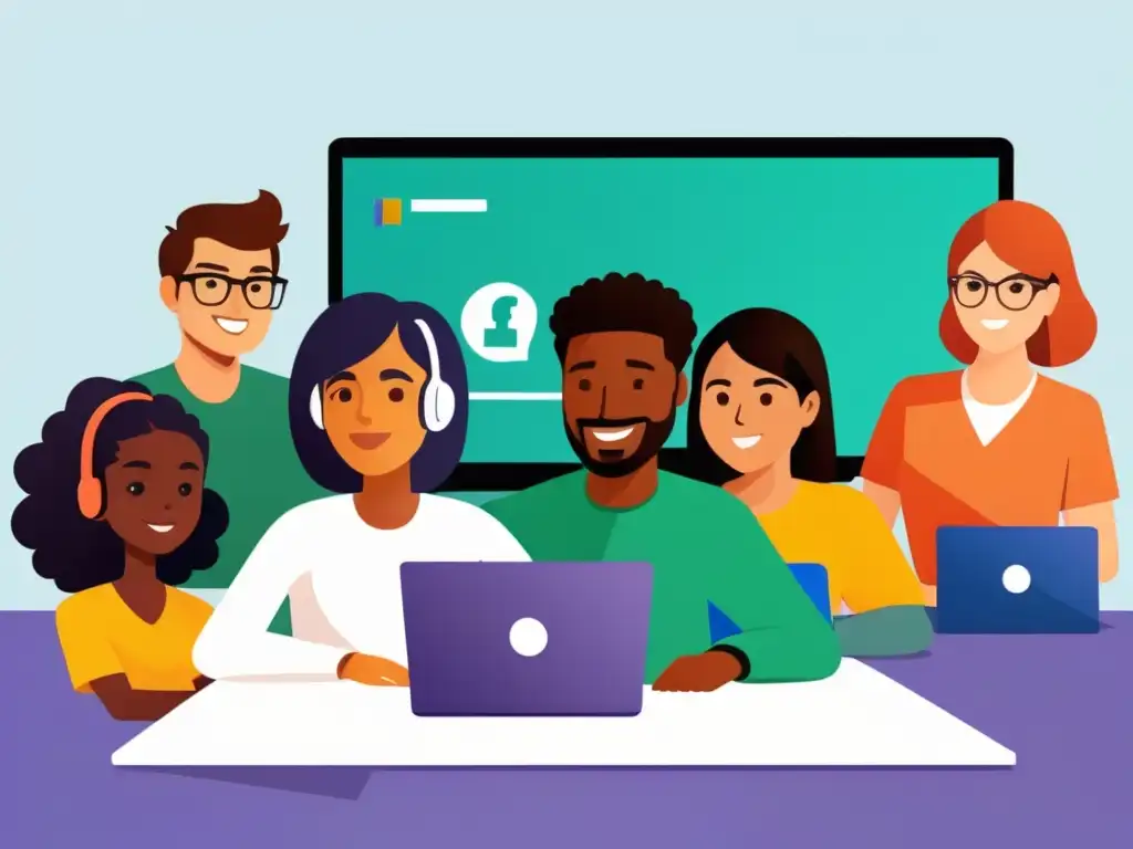 Ilustración minimalista de estudiantes y profesores en aula virtual de Microsoft Teams, resaltando educación remota en Uruguay