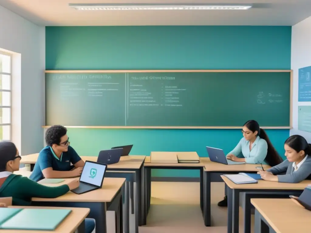 Una ilustración minimalista de estudiantes y profesores colaborando en un aula moderna en Uruguay, fusionando educación y tecnología