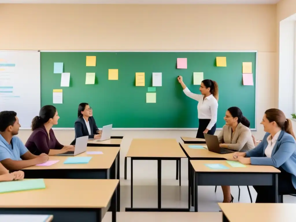 Ilustración minimalista de estudiantes y profesores en un aula en Uruguay, con metodologías ágiles en educación