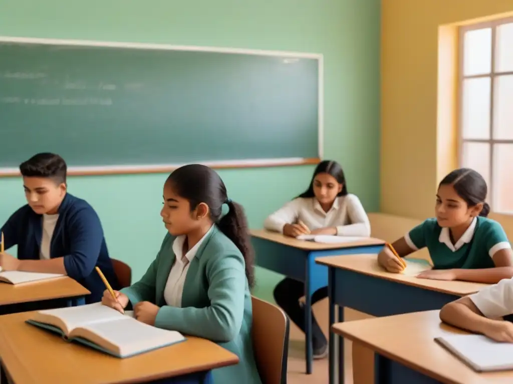 Ilustración minimalista de estudiantes uruguayos en el aula, concentrados en actividades educativas