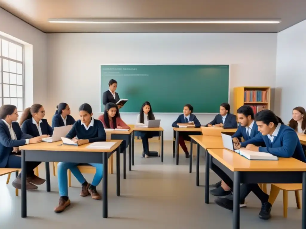 Ilustración minimalista de estudiantes uruguayos unidos, estudiando en aula moderna, destaca impacto privatización educativa global Uruguay