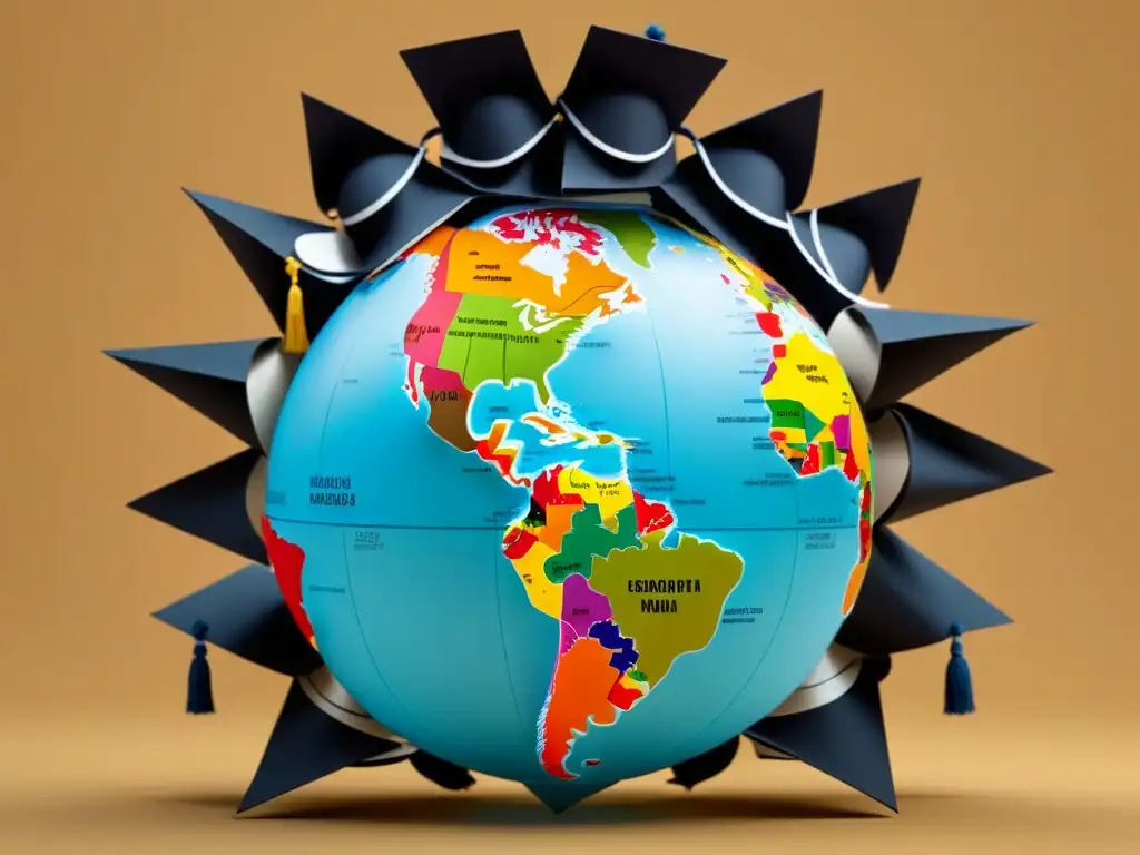 Globalización educativa: impacto de acuerdos comerciales en Uruguay Ilustración minimalista de un globo rodeado de birretes académicos, con líneas sutiles conectando continentes, simbolizando el impacto global de los acuerdos de libre comercio en la internacionalización de la educación superior en Uruguay