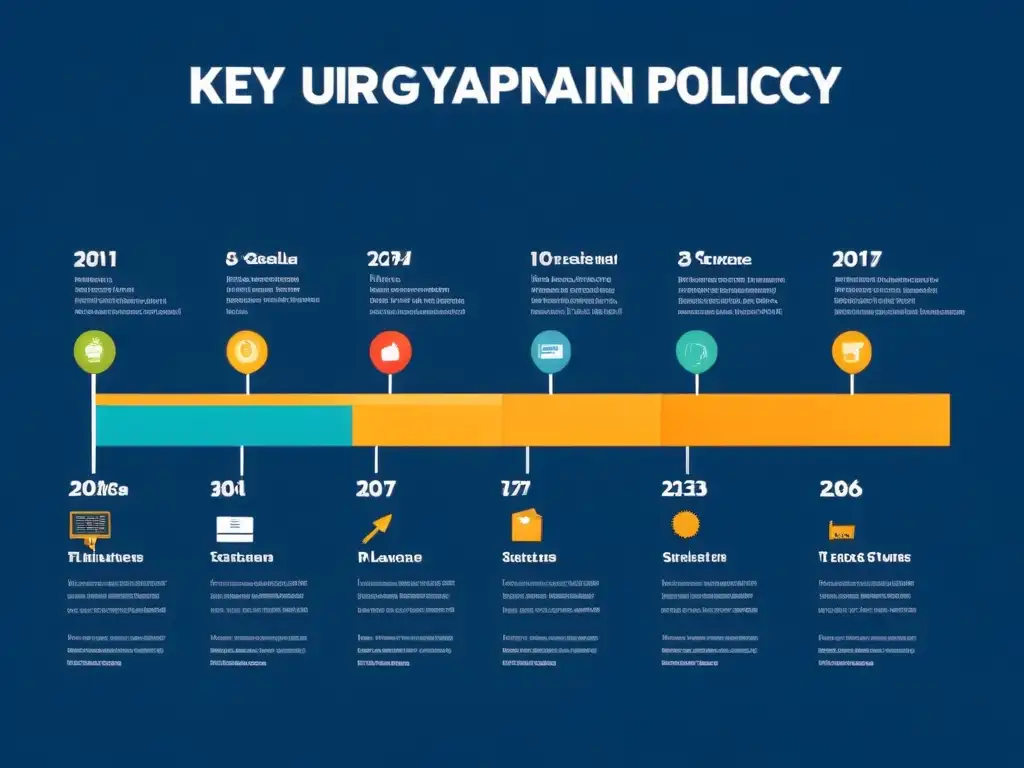 Ilustración minimalista de hitos clave en la política educativa uruguaya, desde la implementación de tecnología hasta el Plan CEIBAL en Uruguay