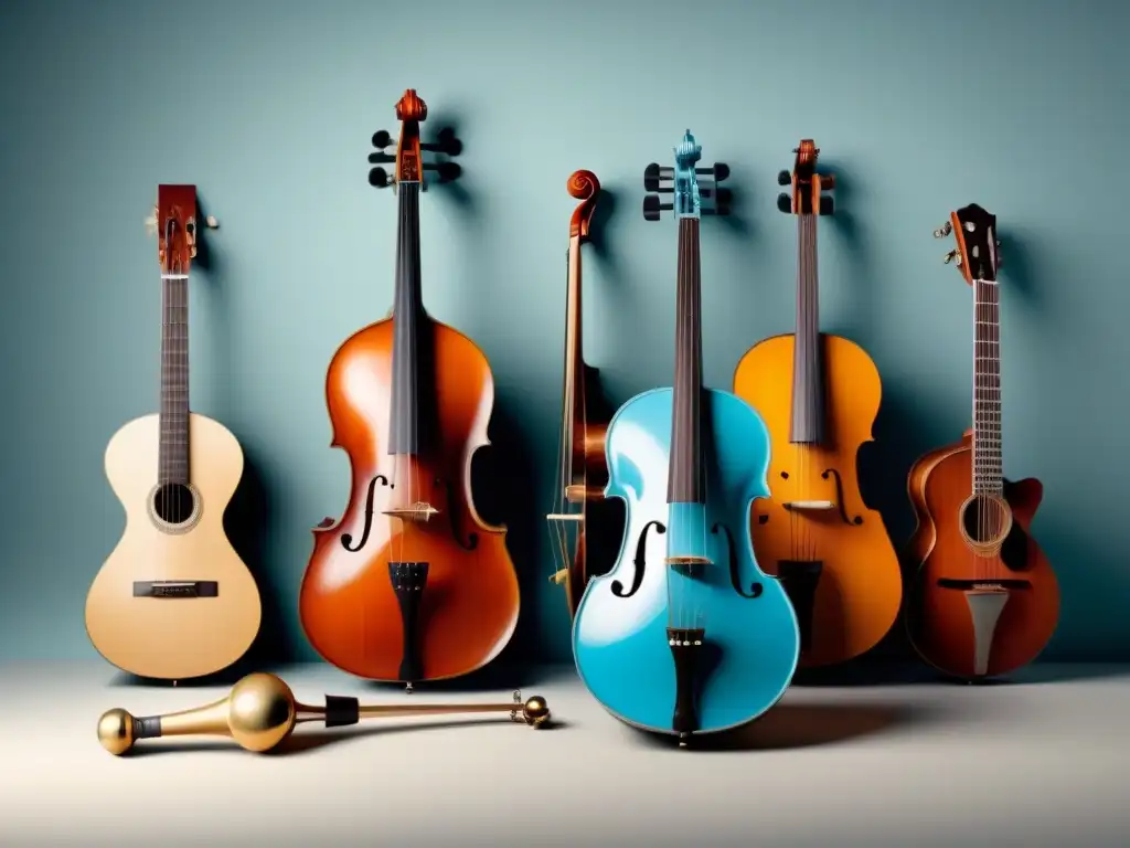 Armonía global: instrumentos musicales diversos en colaboración Ilustración minimalista de instrumentos musicales del mundo en armonía, simbolizando colaboraciones internacionales en educación musical en Uruguay