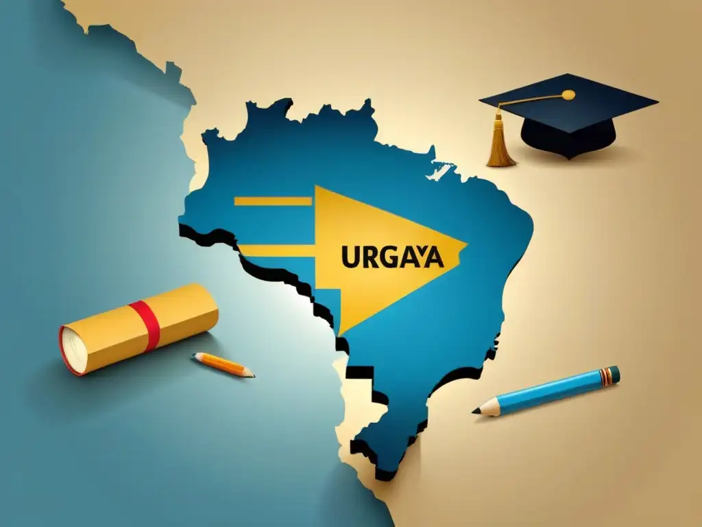 Ilustración minimalista: mapa de Uruguay rodeado de iconos educativos, simbolizando modelos de evaluación educativa comparativos