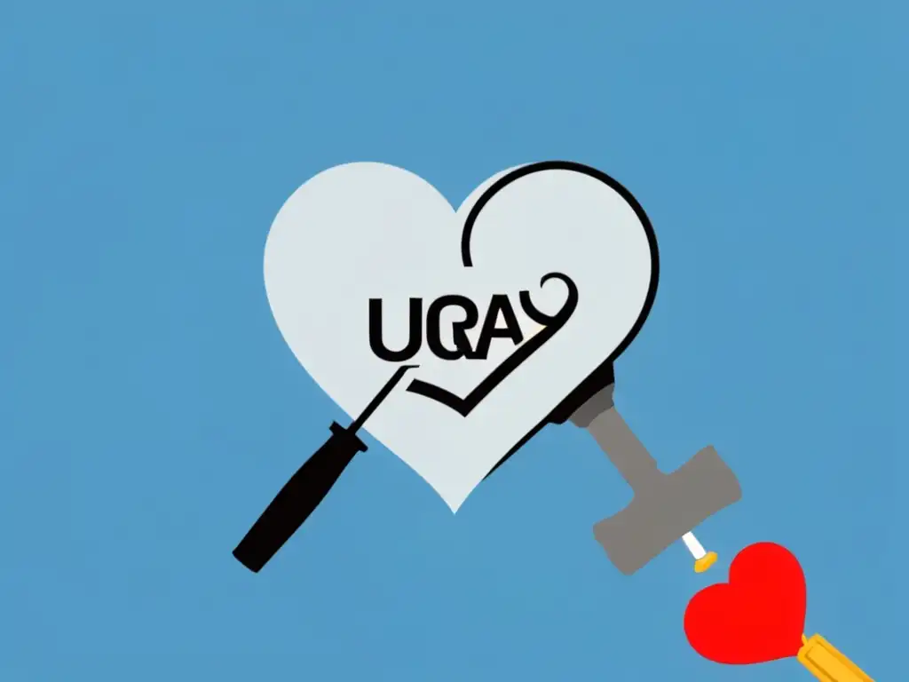 Ilustración minimalista del mapa de Uruguay con símbolos legales y educativos, como un martillo, un libro, una lupa y un corazón