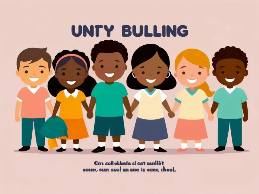 Ilustración minimalista de niños de diversas etnias y habilidades unidos en solidaridad, transmitiendo políticas antibullying en escuelas uruguayas