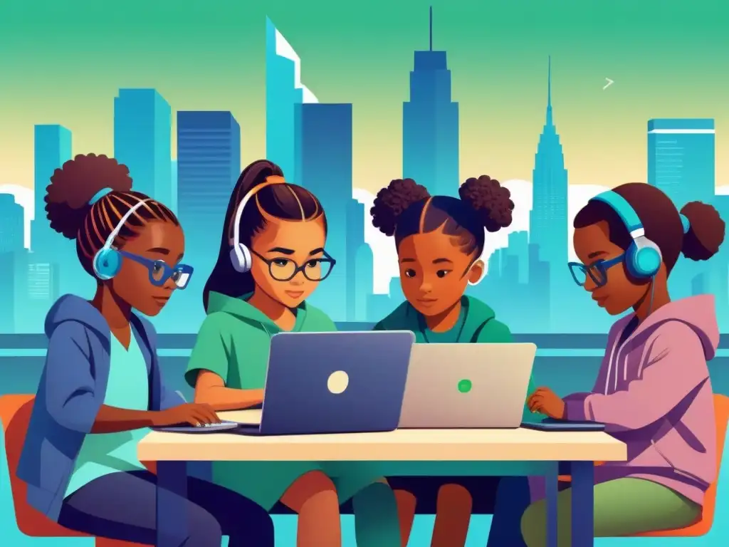 Niños diversos programando: fusión de tecnología y educación Una ilustración minimalista de niños diversos programando en laptops y tablets