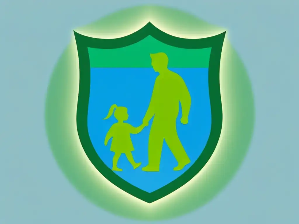 Ilustración minimalista de un padre y un niño caminando juntos, rodeados de un escudo que simboliza protección