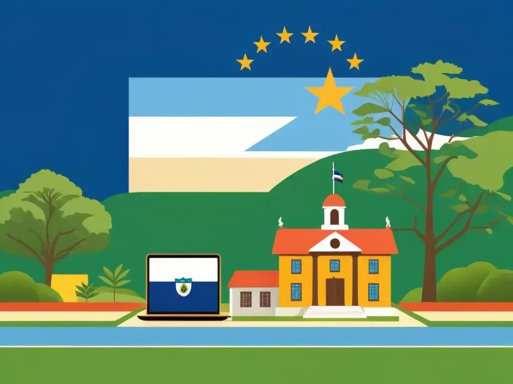 Ilustración minimalista de la evolución de políticas educativas en Uruguay, desde escuela vintage rodeada de naturaleza, a aulas modernas con adultos aprendiendo, y escena futurista con tecnología, bandera uruguaya de fondo