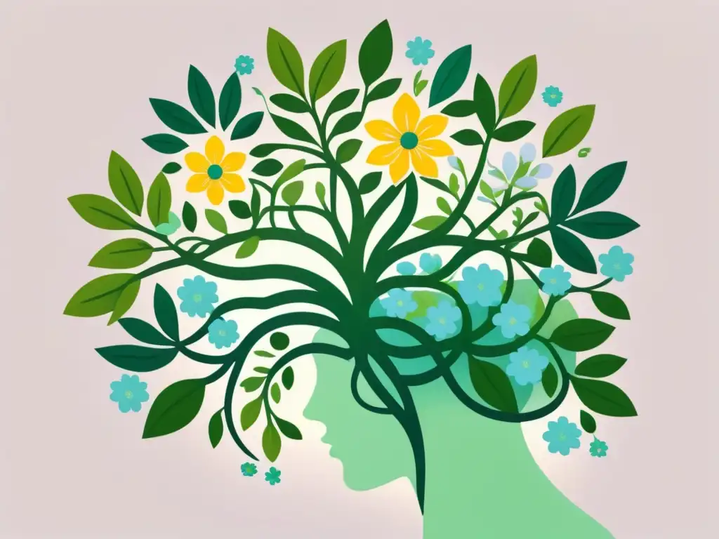 Ilustración minimalista serena: red neuronal entre flores, hojas verdes vibrantes; simboliza conexión armónica neurociencia y aprendizaje emocional