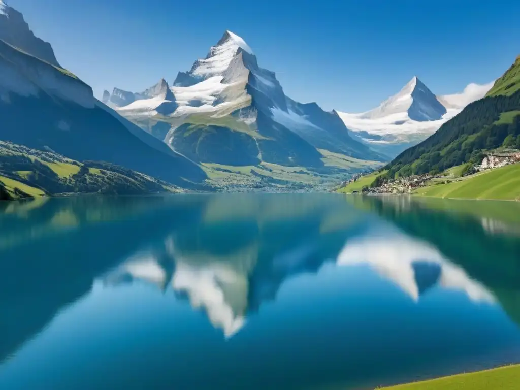 Modelo educativo suizo en Uruguay: Majestuosos Alpes suizos con lagos serenos bajo un cielo azul claro