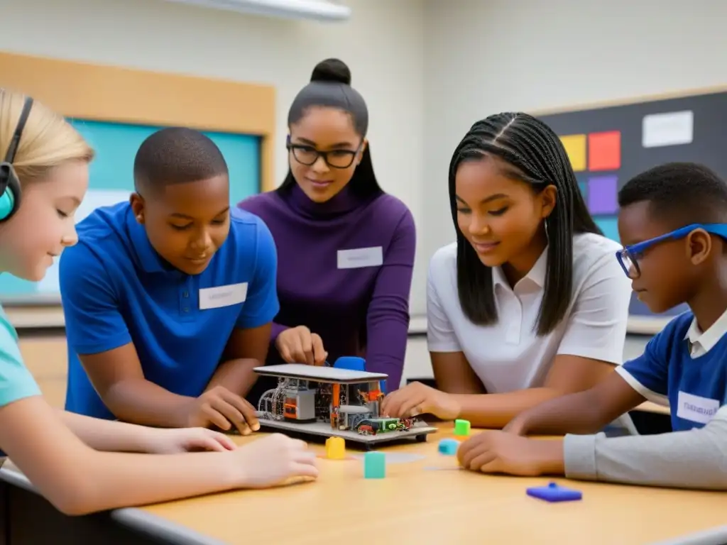 Modelos STEAM educación Uruguay: Estudiantes diversos colaborando en actividades innovadoras con tecnología en aula moderna