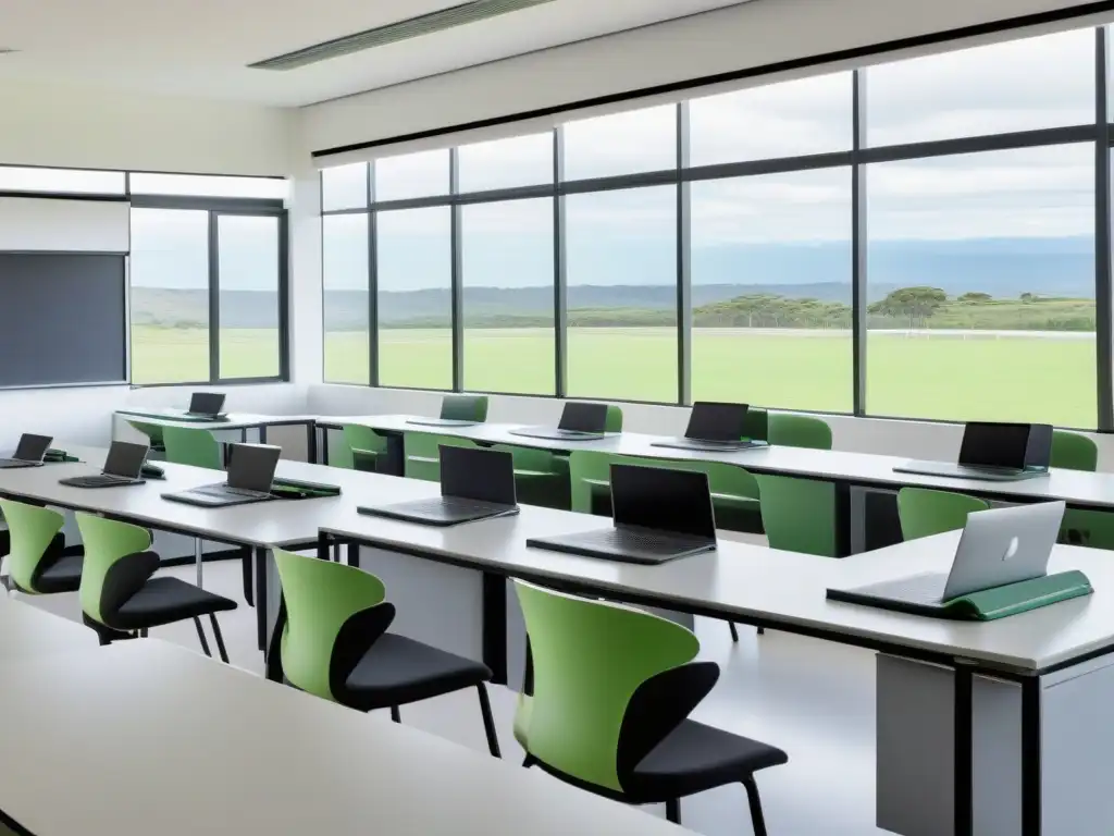 Aula moderna en Uruguay: minimalista y serena Moderna aula en Uruguay con blogs educativos, destacando un entorno sereno y profesional