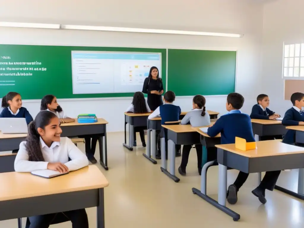 Moderna aula educativa en Uruguay con diseño ergonómico, tecnología y diversidad en el aprendizaje