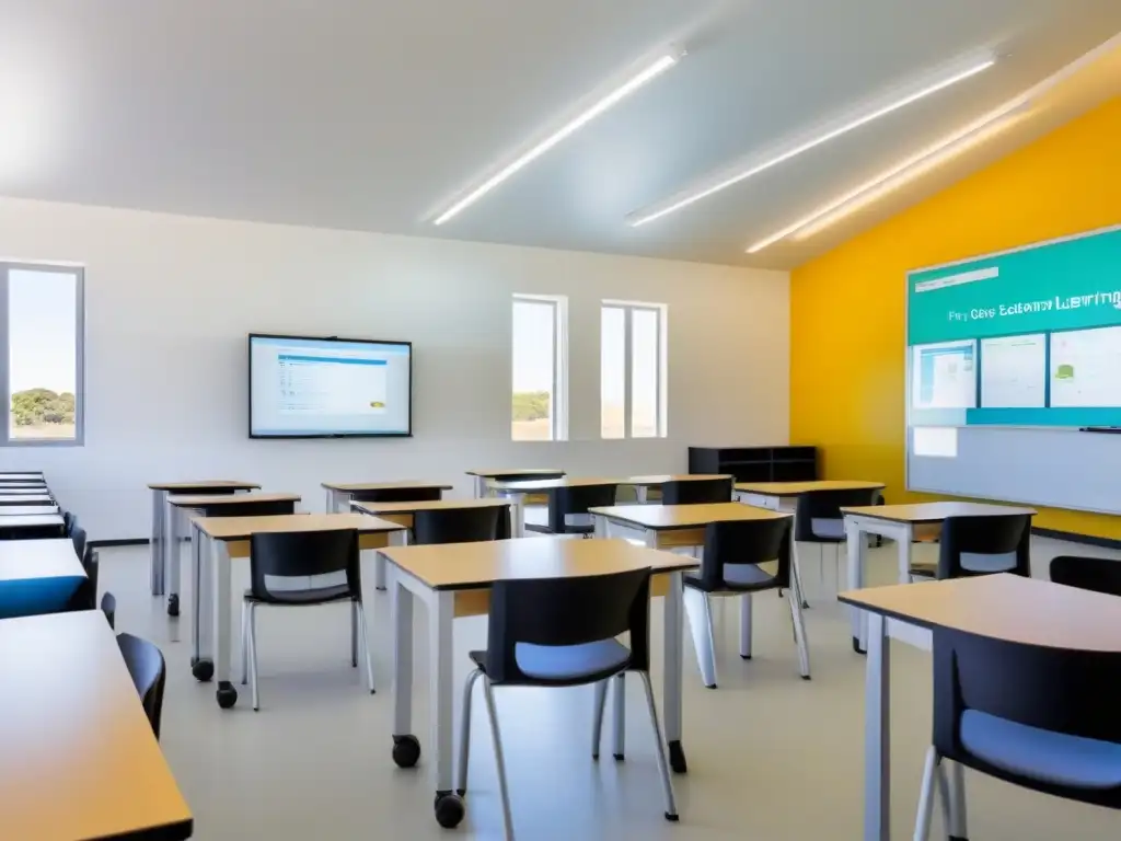 Moderna aula en Uruguay con tecnología educativa y estudiantes colaborando