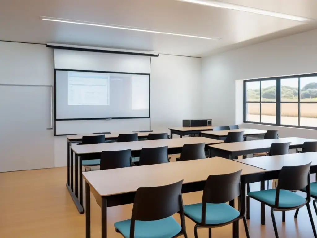 Moderna aula en Uruguay con tecnología de vanguardia, iluminación natural y estudiantes diversos participando en capacitación profesional