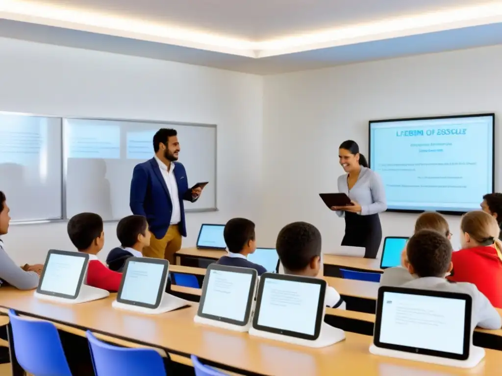 Implementar Flipped Classroom en Uruguay: Aula moderna en Uruguay con estudiantes diversos colaborando y usando tecnología educativa