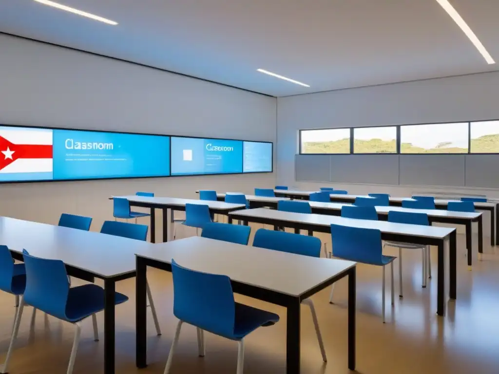 Implementar Flipped Classroom en Uruguay: Aula moderna con tecnología, luz natural y bandera uruguaya