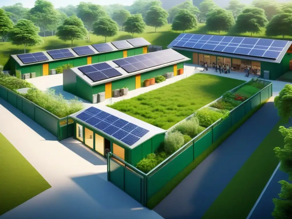 Un moderno edificio escolar rodeado de vegetación, paneles solares y estudiantes comprometidos con actividades ecoamigables