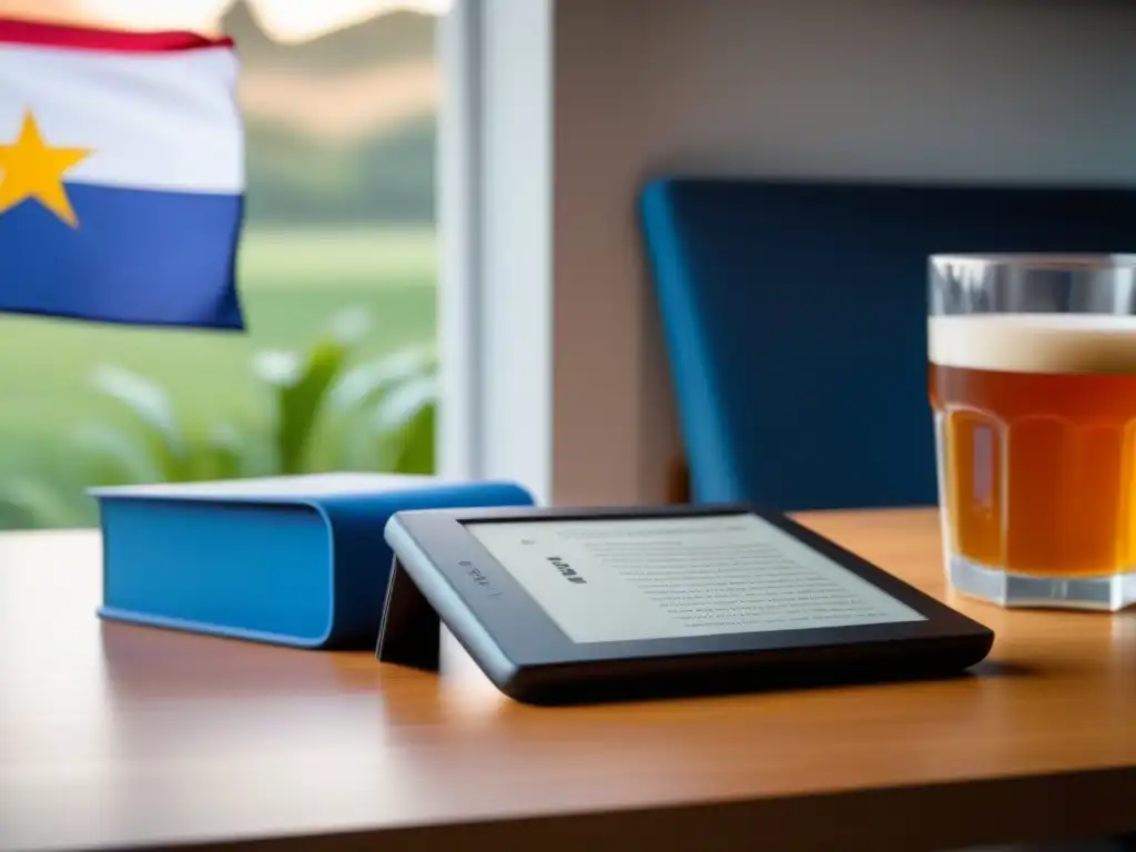Ereader moderno con diseño de libro y bandera uruguaya Un e-reader moderno muestra un libro digital con la bandera de Uruguay, sobre un escritorio minimalista con mate y gafas, ideal para estudiar