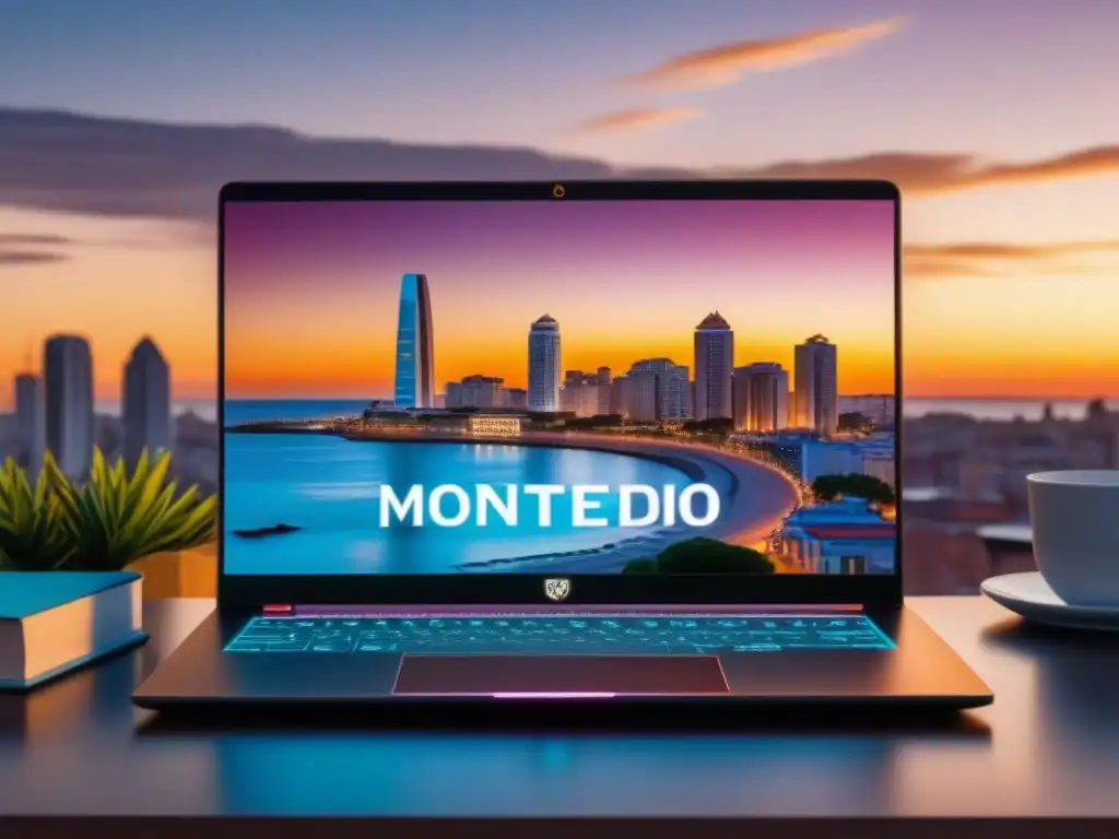 Un moderno portátil muestra la plataforma de cursos online, con Montevideo al atardecer