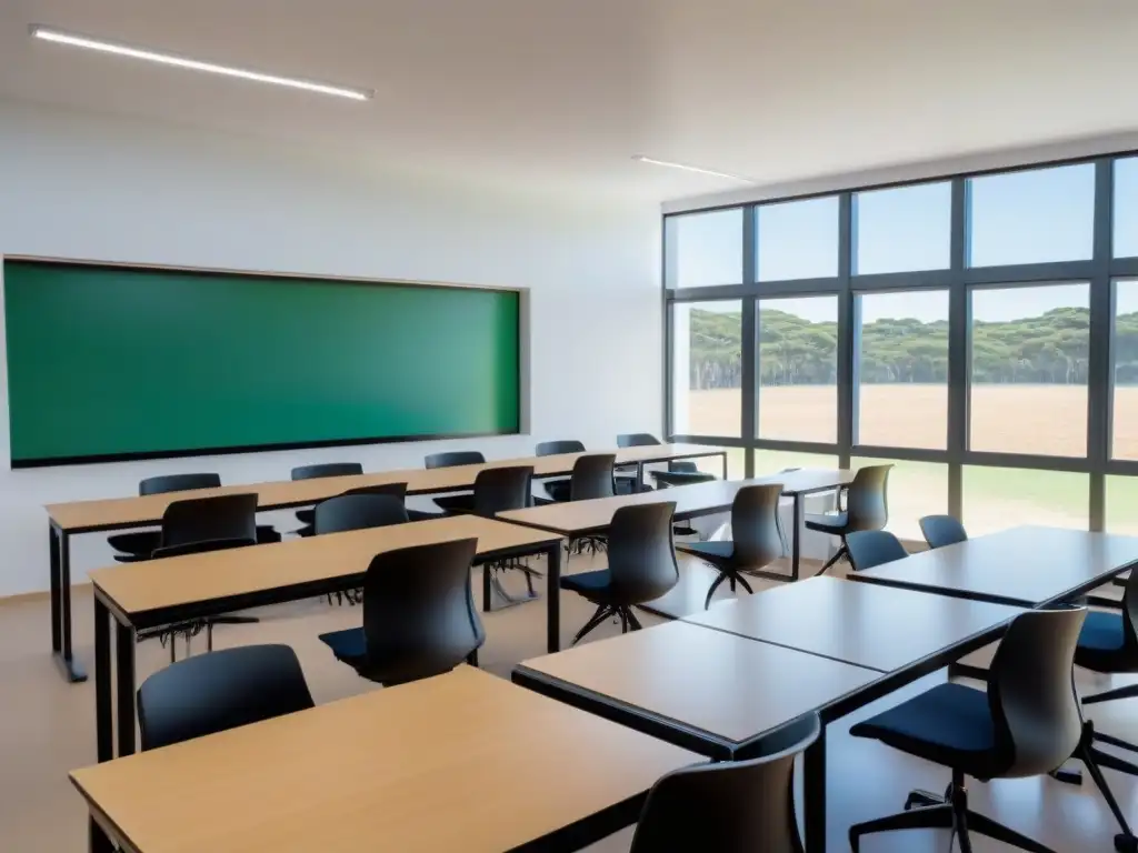 Moderno salón de clases en Uruguay con plataformas elearning beneficios estudiantes y ambiente sereno