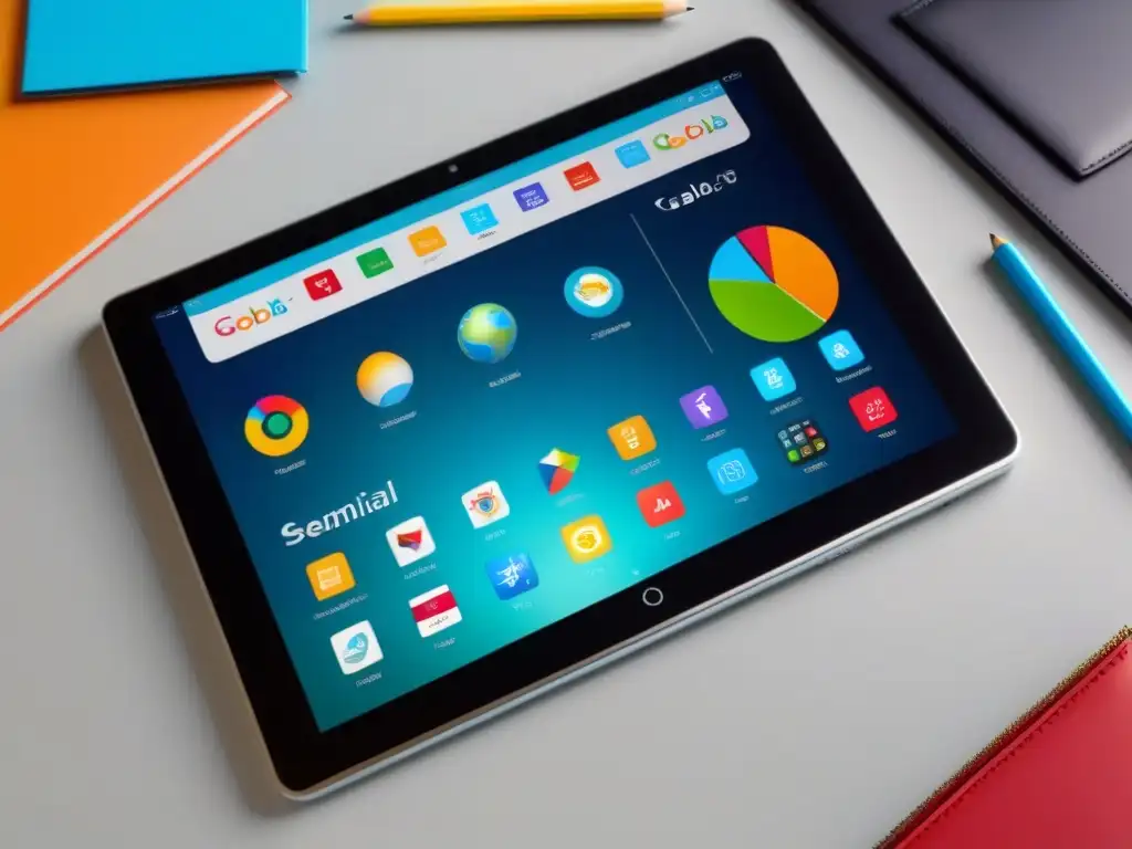 Un moderno tablet digital muestra herramientas educativas coloridas como regla, lápiz, globo y calculadora