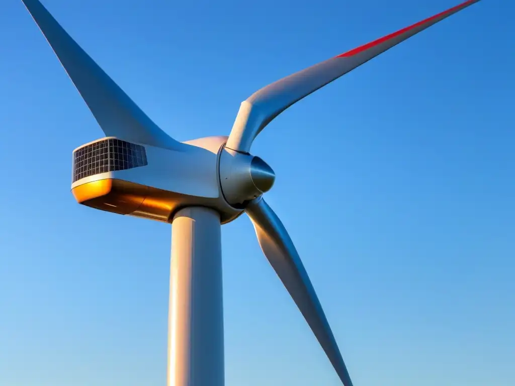 Un molino de viento moderno y elegante destaca contra el cielo azul, con el sol poniéndose detrás, generando una cálida luz dorada sobre el paisaje