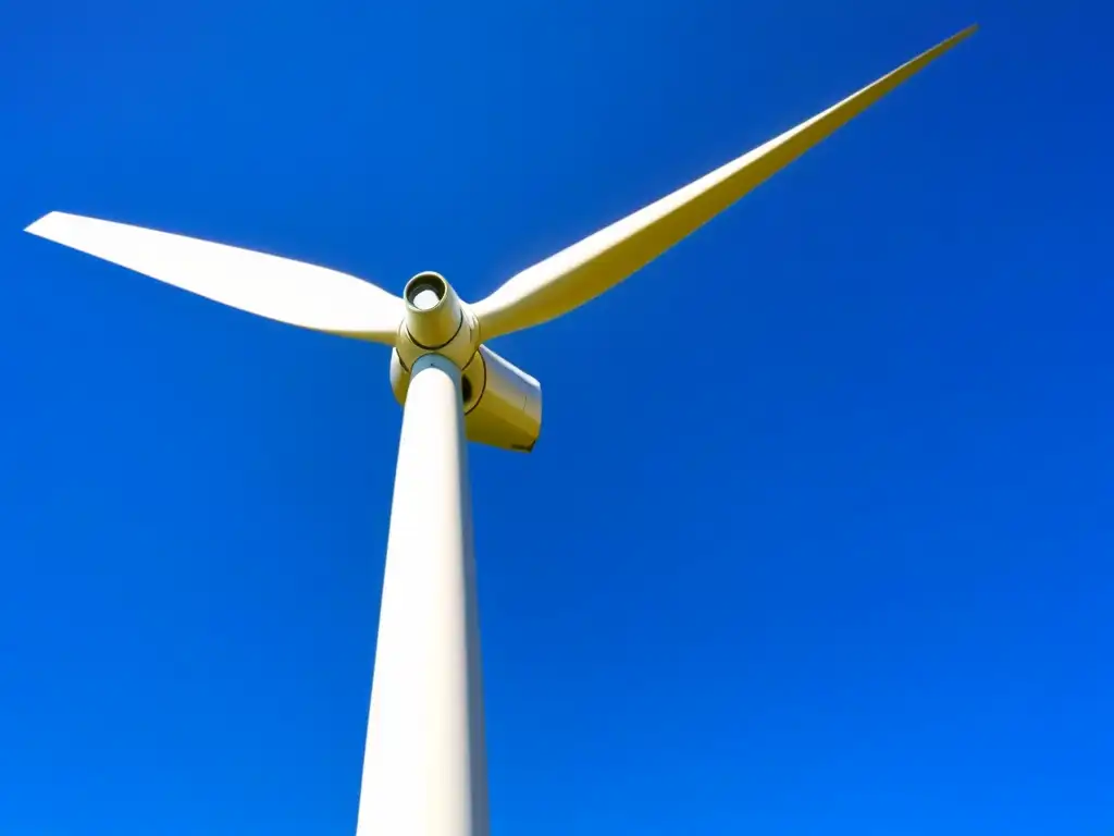 Un molino de viento moderno y elegante destaca en el cielo azul de Uruguay, simbolizando energías renovables en un entorno sereno y certificaciones