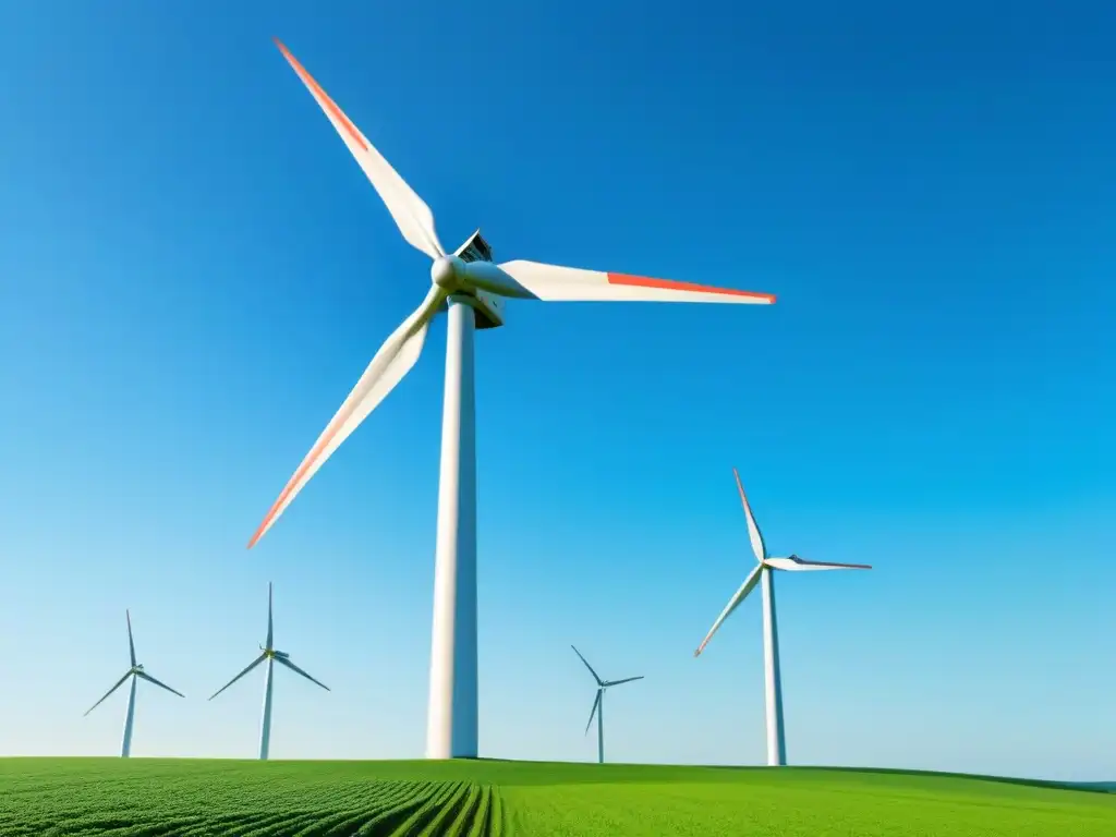 Un molino de viento moderno destaca en un paisaje sereno y sostenible, irradiando progreso y armonía con la naturaleza