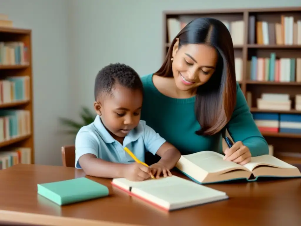 Apoyo familiar en estudio: parent e hijo resolviendo tarea juntos Un momento cálido de apoyo y aprendizaje entre padre e hijo en Uruguay