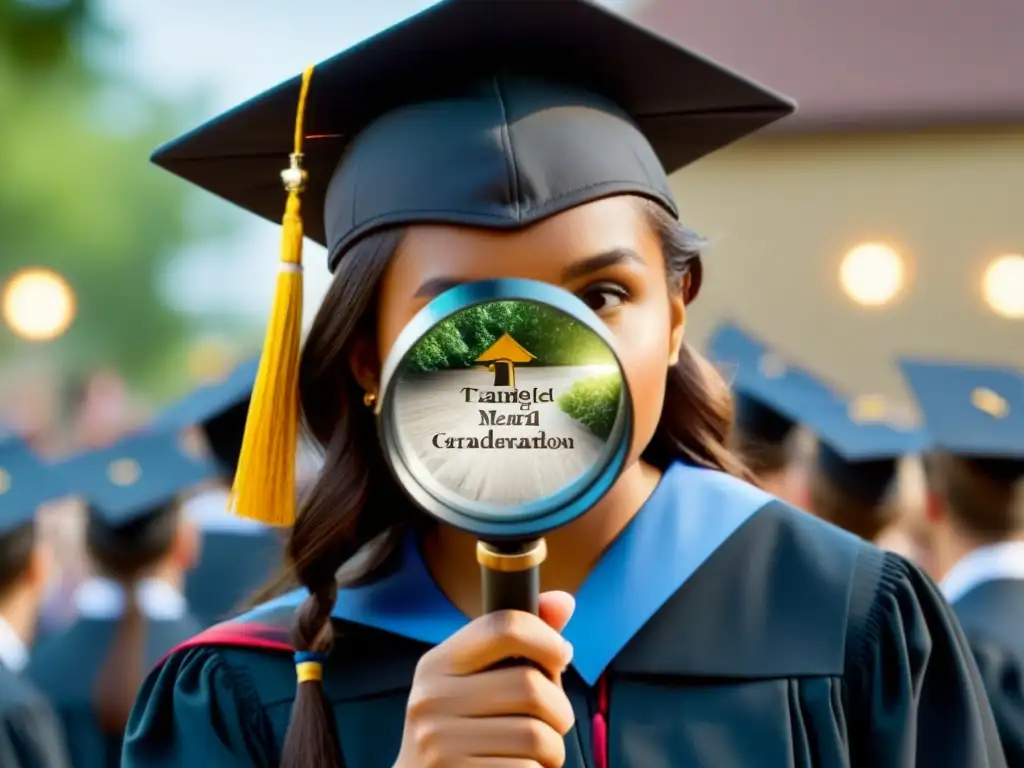 Un momento de claridad: un sombrero de graduación enredado bajo una lupa, simbolizando confusión, con un rayo de luz revelando un camino claro