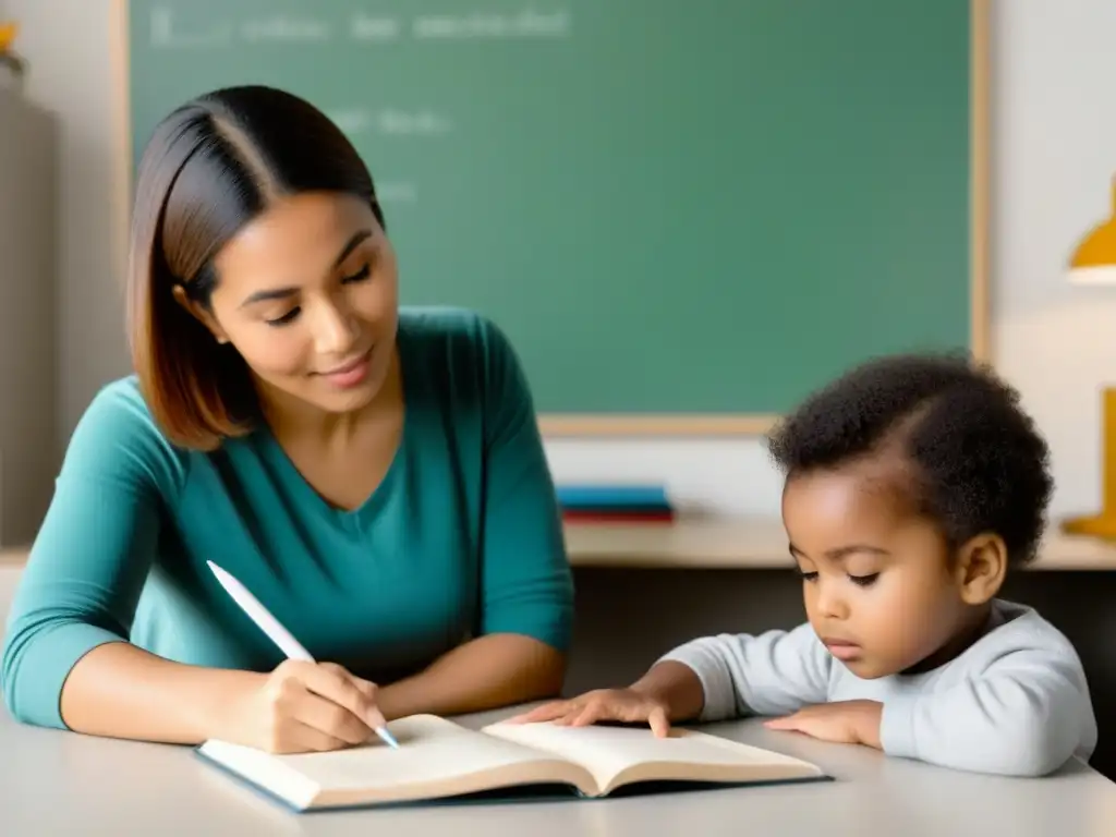 Estudio en familia: apoyo educativo sereno Un momento de estudio compartido entre un padre y un niño, transmitiendo apoyo y calma