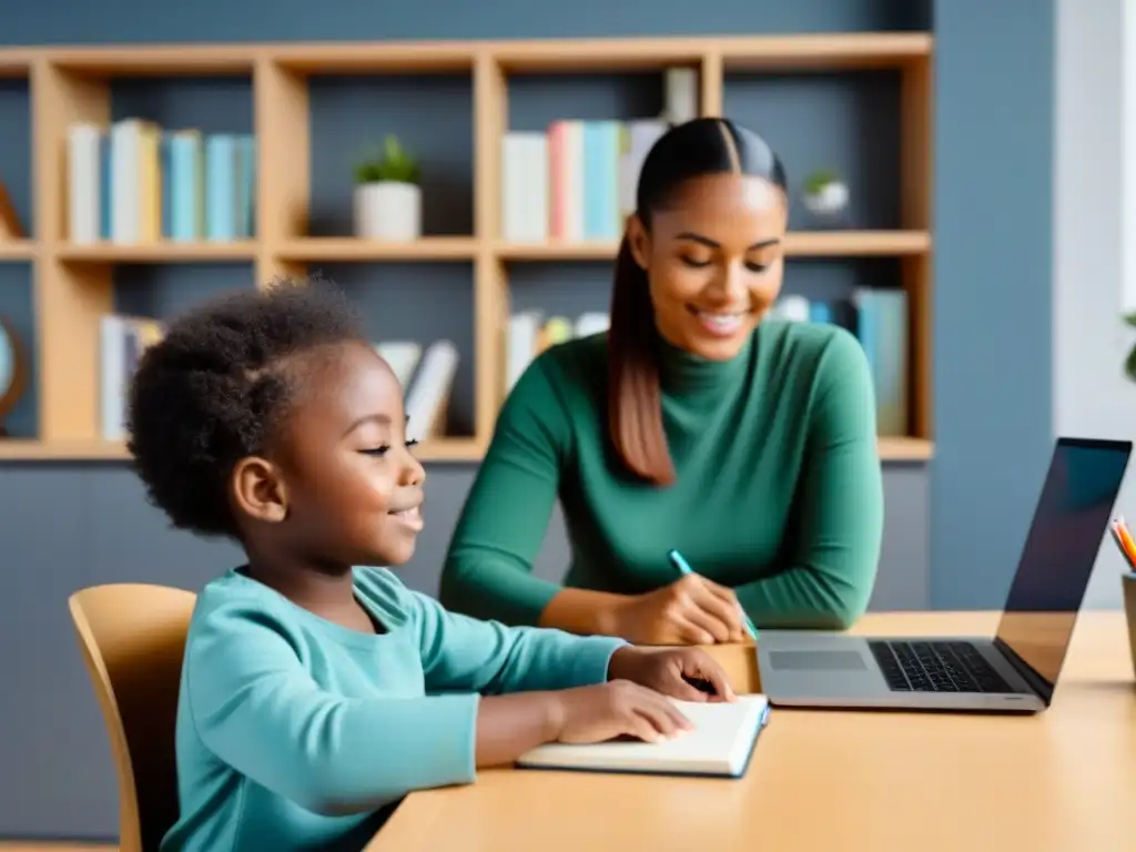 Un momento íntimo de aprendizaje compartido entre padre e hijo en un espacio luminoso y ordenado, destacando el apoyo de los padres en el elearning