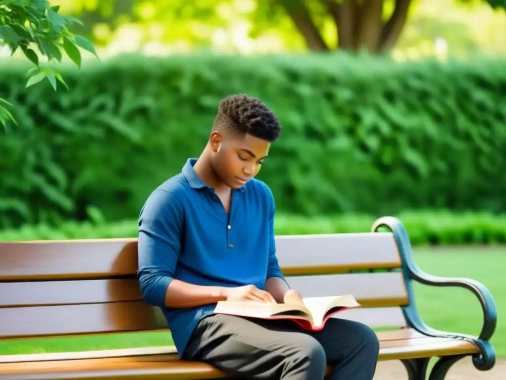 Un momento de serenidad leyendo en un banco del parque, rodeado de naturaleza