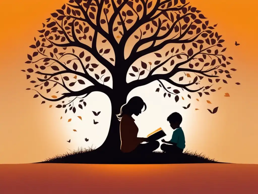 Vínculo familiar: lectura bajo el árbol Un momento único de apoyo entre padre e hijo leyendo bajo un árbol, simbolizando el crecimiento y el amor