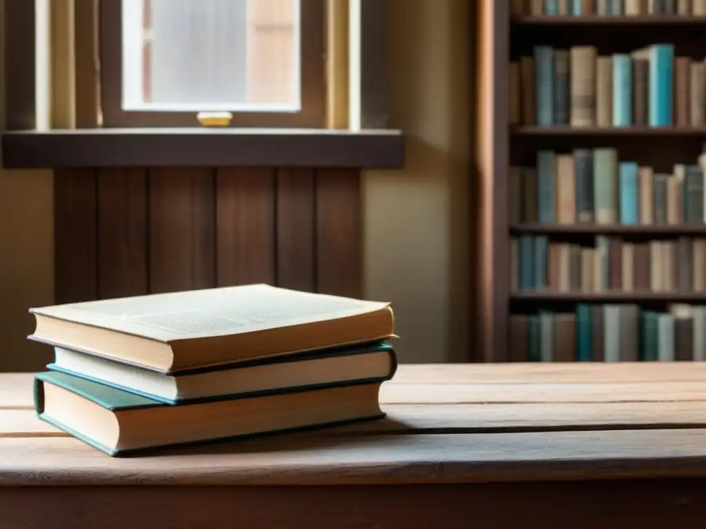 Un montón de libros uruguayos antiguos, desgastados por el tiempo, sobre un escritorio de madera iluminados por la luz del día