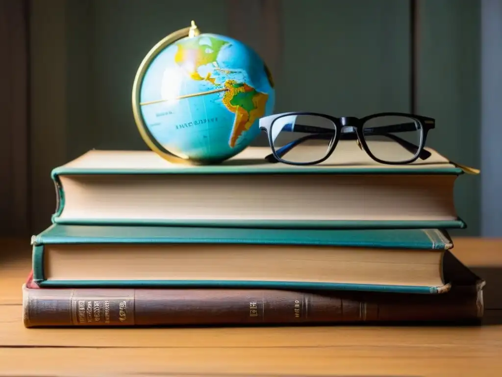 Un montón de viejos libros uruguayos en un escritorio de madera junto a un globo terráqueo y gafas de lectura, evocando nostalgia y academia