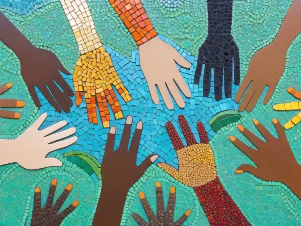 Un mosaico vibrante y detallado de manos diversas unidas en colaboración, representando la fuerza de la diversidad y el trabajo en comunidad