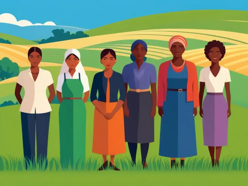 Diversas mujeres rurales de Uruguay unidas en empoderamiento y educación, bajo un paisaje agrícola vibrante