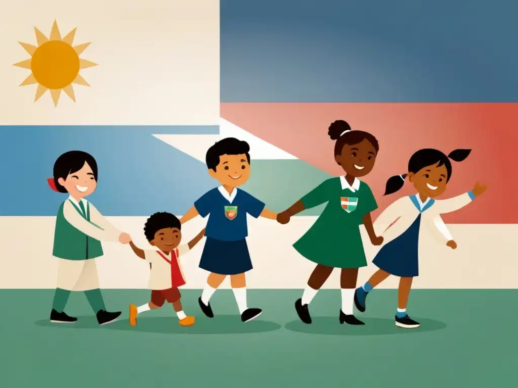 Unión multicultural de niños escolares uruguayos con símbolos educativos, promoviendo políticas educativas de multiculturalismo en Uruguay