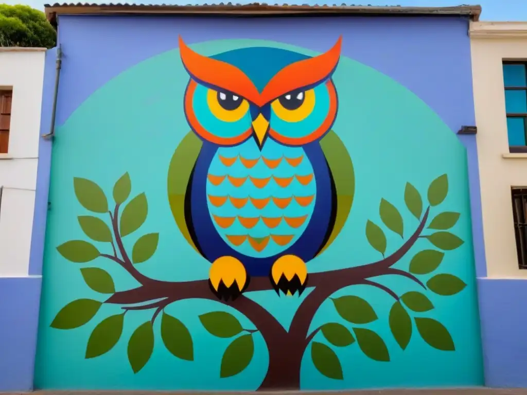 Mural urbano en Montevideo: sabiduría del búho Un mural detallado en Montevideo con un búho sabio, simbolizando el aprendizaje cognitivo y el arte urbano en Uruguay