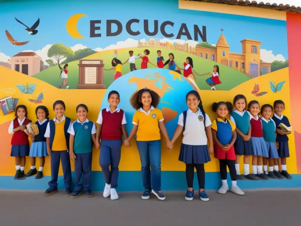 Un mural escolar vibrante y colorido en Uruguay, muestra niños de diferentes orígenes unidos, rodeados de símbolos educativos