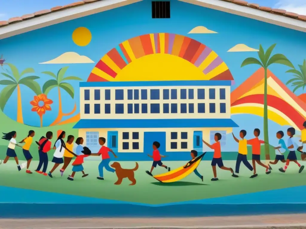 Un mural escolar vibrante y detallado en Uruguay, reflejando diversidad, creatividad y unidad