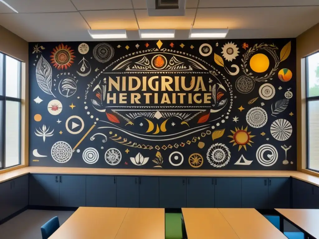 Mural pintado a mano con símbolos indígenas y elementos educativos modernos, fusionando identidad cultural y programas educativos indígenas en un aula
