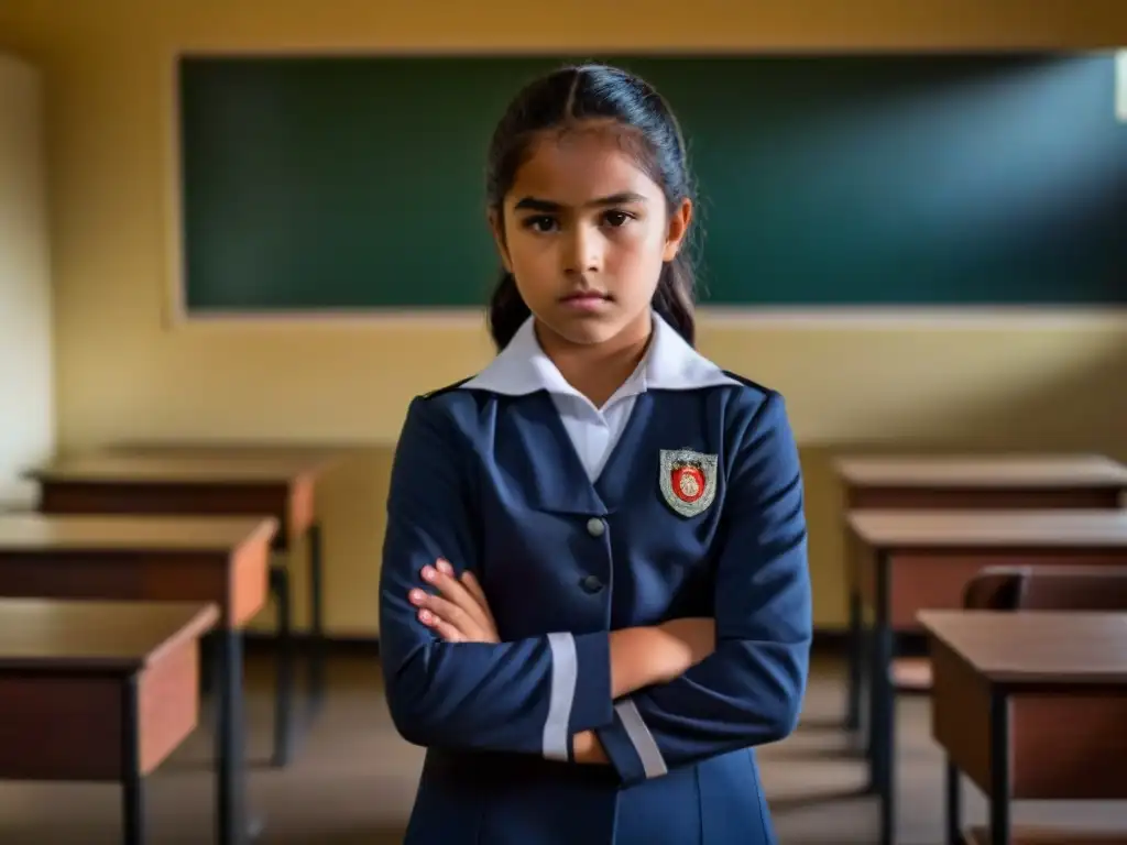 Una niña en uniforme escolar, sola en aula tenue, refleja determinación y esperanza, simbolizando desafíos y resiliencia en la educación uruguaya