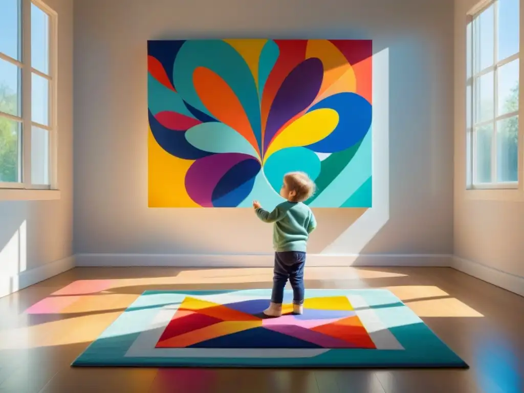 Niño explorando arte en ambiente minimalista