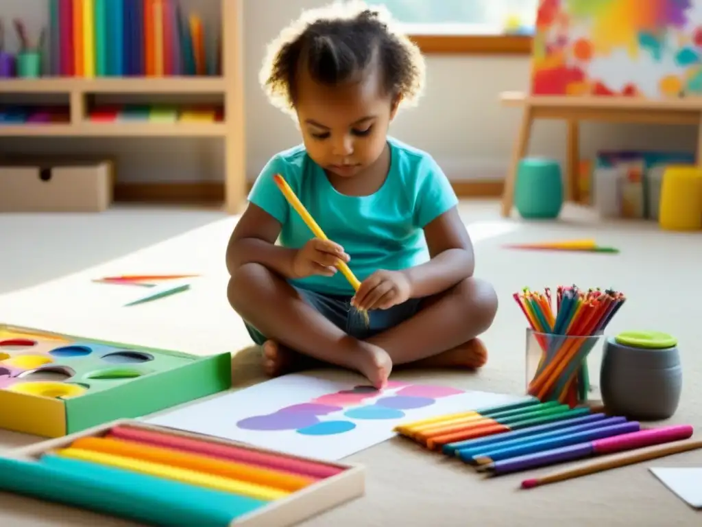 Niño creando arte rodeado de material colorido